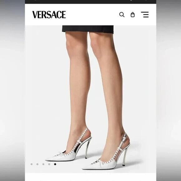 NIB VERSACE BLACK LEATHER SILVER MEDUSA LOGO SANDALS KITTEN HEEL PUMPS 41 US 11 - Picture 2 of 12